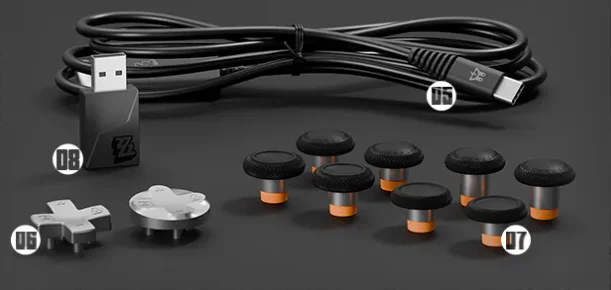 Zawartość zestawu GameSir G7 Pro Zenless Zone Zero Edition - kabel USB-C, D-pady, wymienne drążki i odbiornik 2.4G